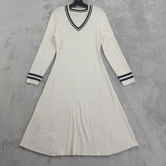 Lucky Brand Dresses & Skirts - NEW Lucky Brand Dress Womens L White Black Stripe V-Neck Sweater Midi A-Line